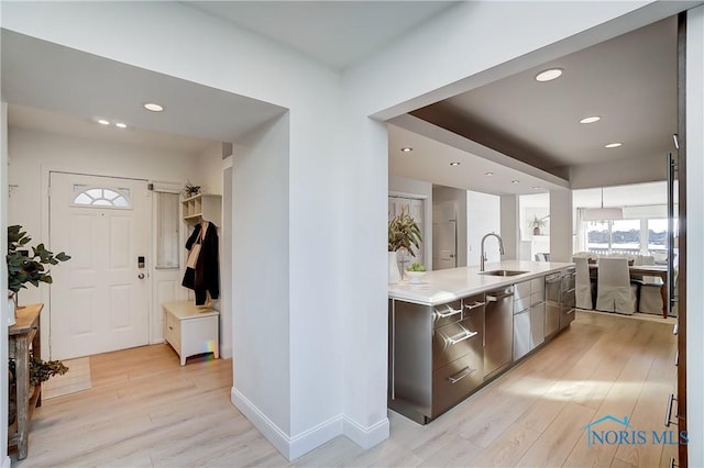 kitchen featuring dishwasher, sink, and light hardwood / wood-style flooring