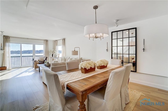 dining room featuring a water view, a notable chandelier, and light wood-type flooring