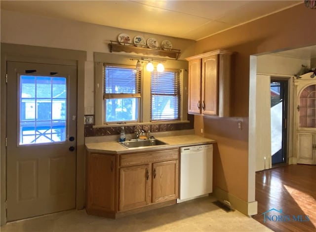 kitchen featuring white dishwasher, sink, and light hardwood / wood-style flooring