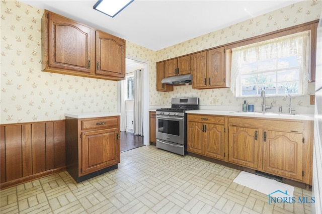 kitchen with gas range, sink, and wood walls