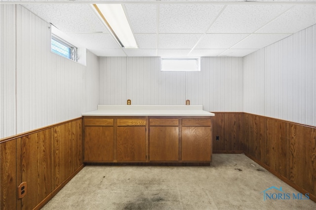 interior space with plenty of natural light, light colored carpet, and wood walls