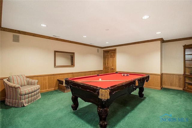 recreation room with pool table, dark carpet, and ornamental molding