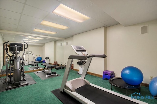 workout area featuring a paneled ceiling and carpet