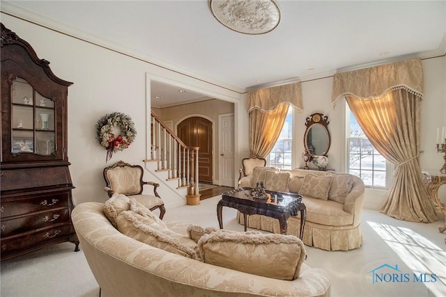 sitting room featuring crown molding and carpet flooring