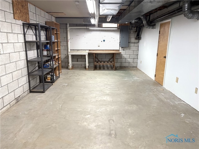 basement with electric panel and a workshop area