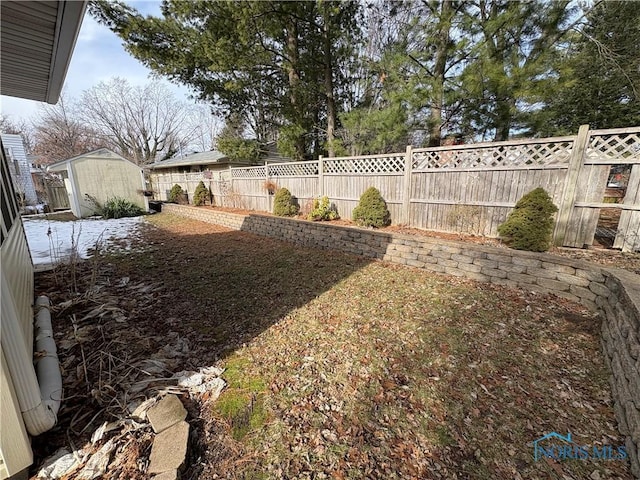 view of yard featuring a storage shed