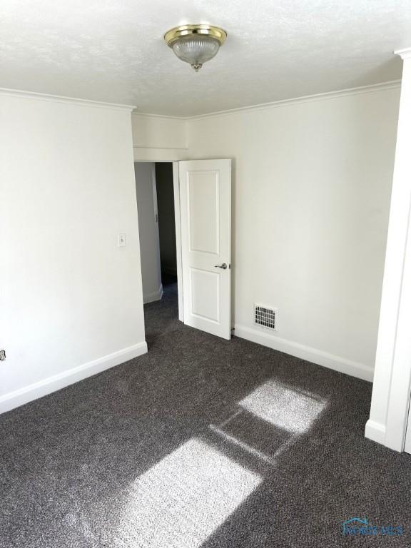 carpeted empty room with crown molding and a textured ceiling