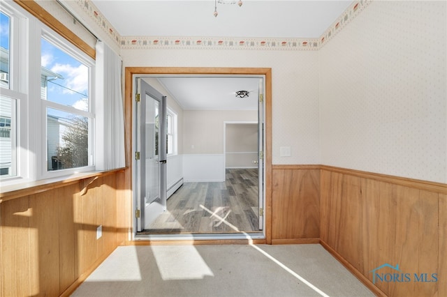 interior space with light carpet, radiator heating unit, wooden walls, and a baseboard radiator