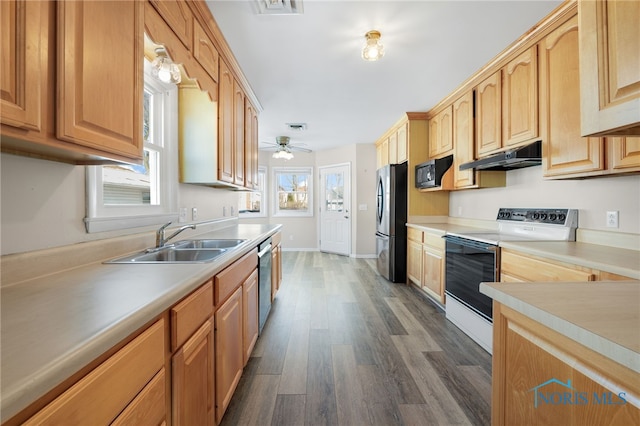 kitchen with sink, dark wood-type flooring, ceiling fan, stainless steel appliances, and light brown cabinets