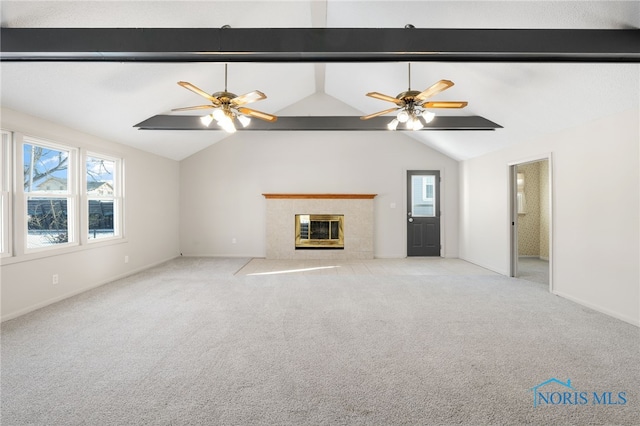 unfurnished living room with a fireplace, light colored carpet, lofted ceiling with beams, and ceiling fan