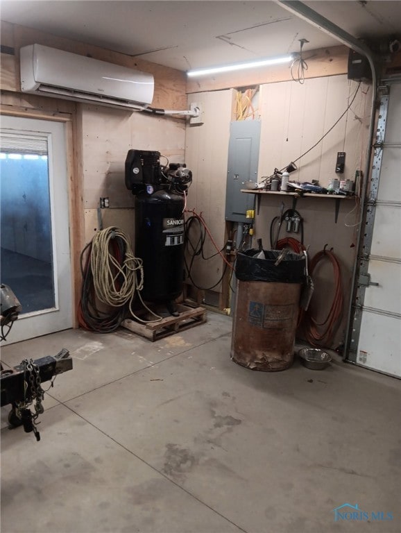 basement with electric panel and an AC wall unit