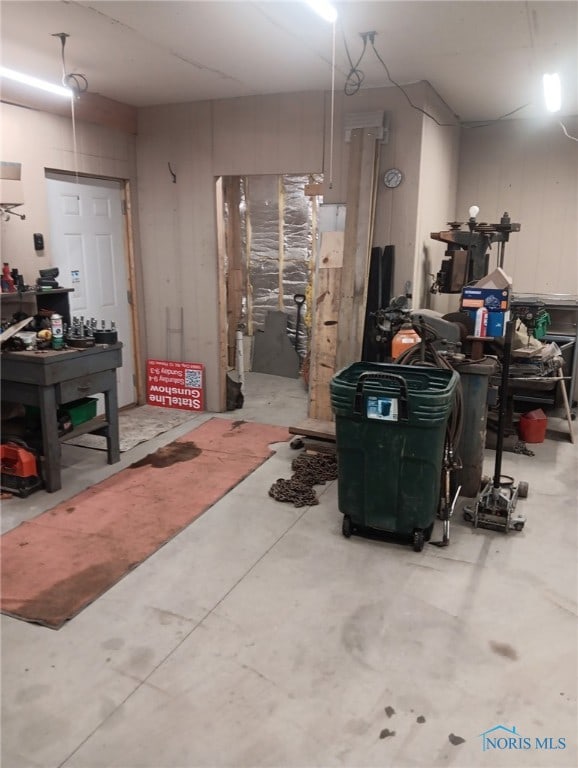 basement with a workshop area