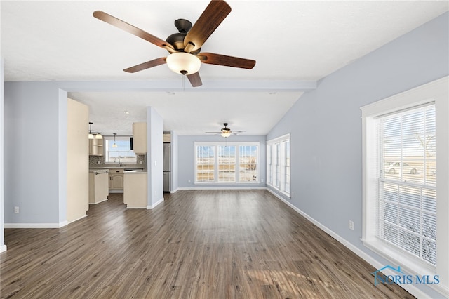 unfurnished living room with lofted ceiling with beams and dark hardwood / wood-style floors