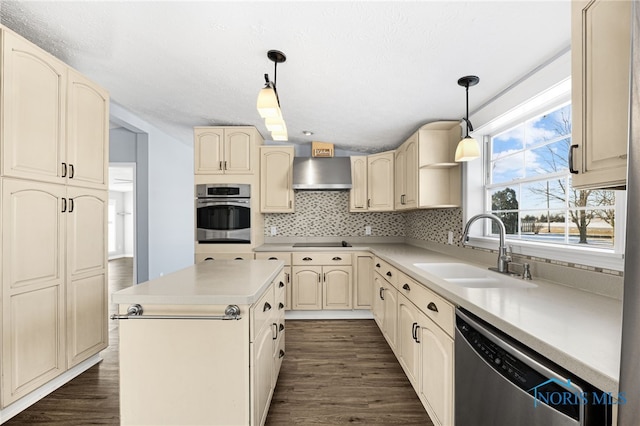 kitchen with stainless steel appliances, sink, wall chimney exhaust hood, and decorative light fixtures