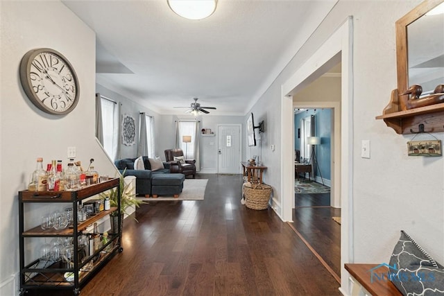 living room with dark hardwood / wood-style floors and ceiling fan