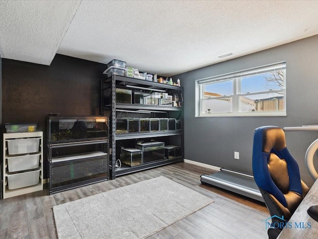 home office with hardwood / wood-style flooring and a textured ceiling