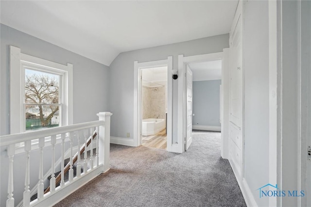 carpeted bedroom with ensuite bathroom and vaulted ceiling