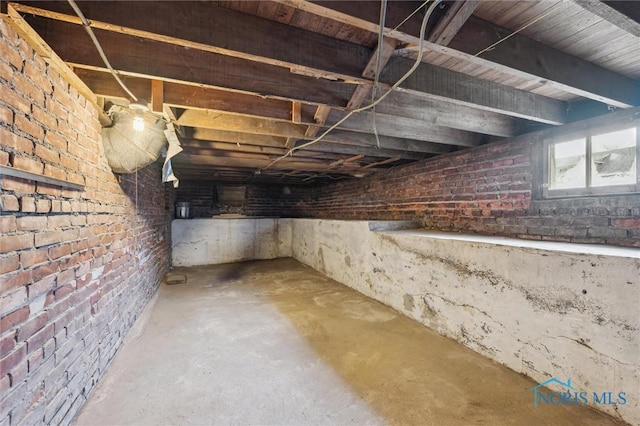 basement with brick wall