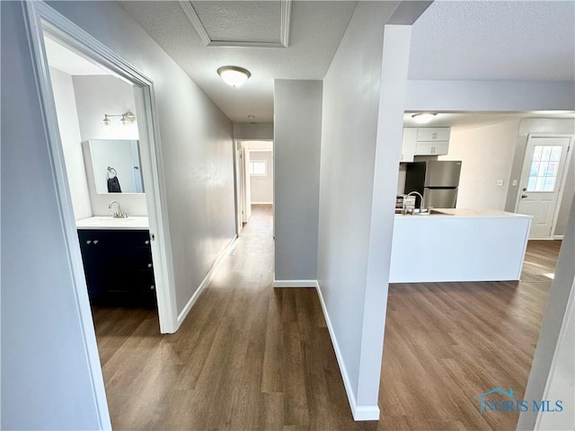 hall with wood-type flooring, sink, and a textured ceiling