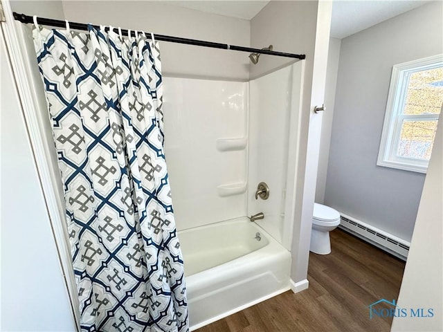 bathroom with wood-type flooring, toilet, shower / bath combo with shower curtain, and baseboard heating