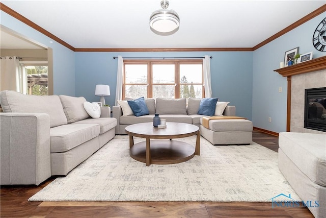 living room featuring hardwood / wood-style flooring, ornamental molding, a wealth of natural light, and a fireplace