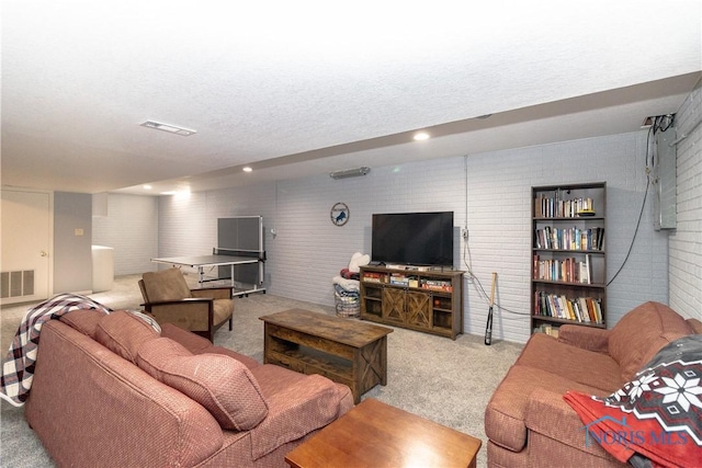 carpeted living room with a textured ceiling