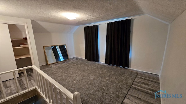 additional living space with vaulted ceiling and a textured ceiling