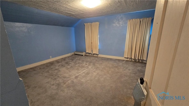 additional living space with carpet, lofted ceiling, and a textured ceiling