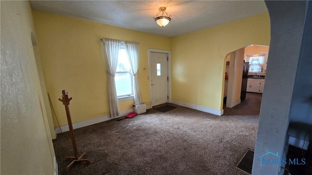 carpeted foyer featuring a textured ceiling