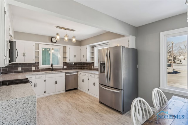 kitchen featuring appliances with stainless steel finishes, sink, white cabinets, and backsplash