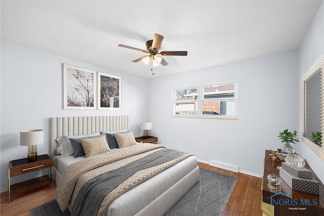 bedroom featuring dark wood-type flooring and ceiling fan