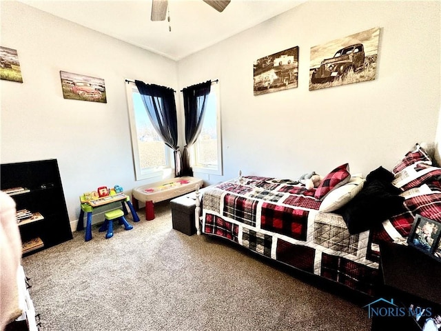 bedroom featuring carpet floors and ceiling fan