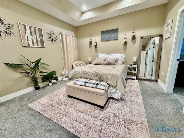 bedroom featuring a raised ceiling and carpet