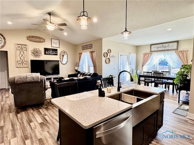 kitchen featuring pendant lighting, vaulted ceiling, stainless steel dishwasher, and a center island with sink