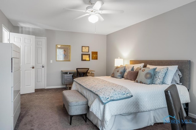 bedroom featuring carpet, ceiling fan, and white refrigerator