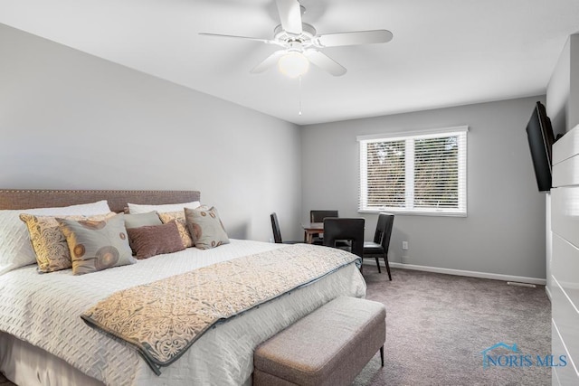 bedroom with ceiling fan and carpet