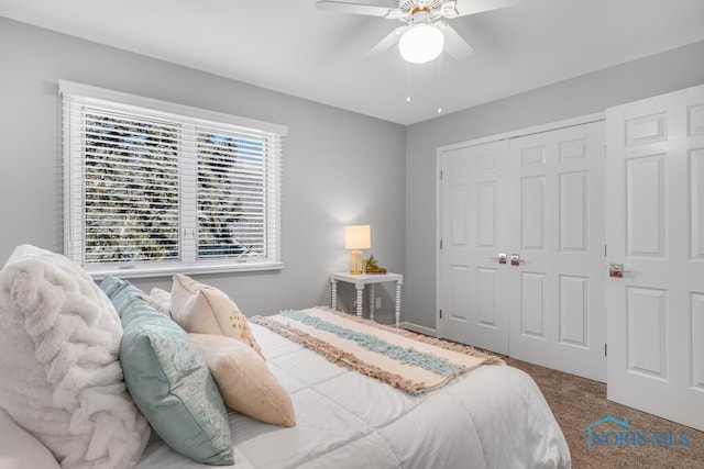 bedroom featuring ceiling fan, carpet floors, and a closet