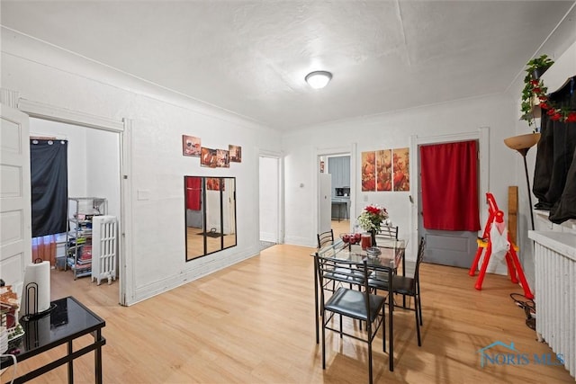 dining room with wood-type flooring and radiator