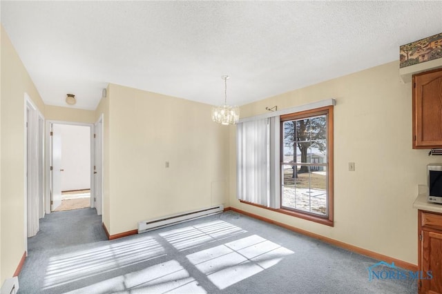 unfurnished dining area featuring a baseboard radiator, a chandelier, light colored carpet, and a textured ceiling