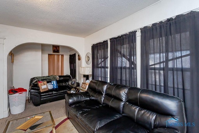 living room featuring light colored carpet and a textured ceiling