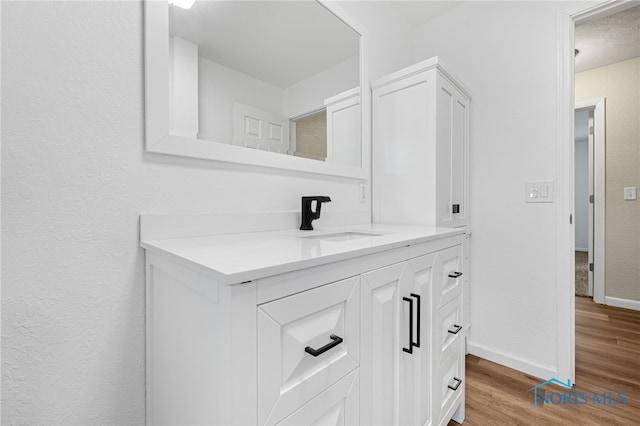 bathroom with hardwood / wood-style flooring and vanity