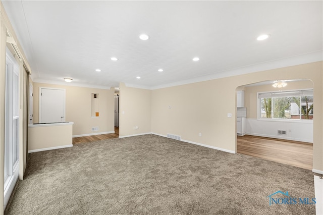 spare room featuring ornamental molding and carpet