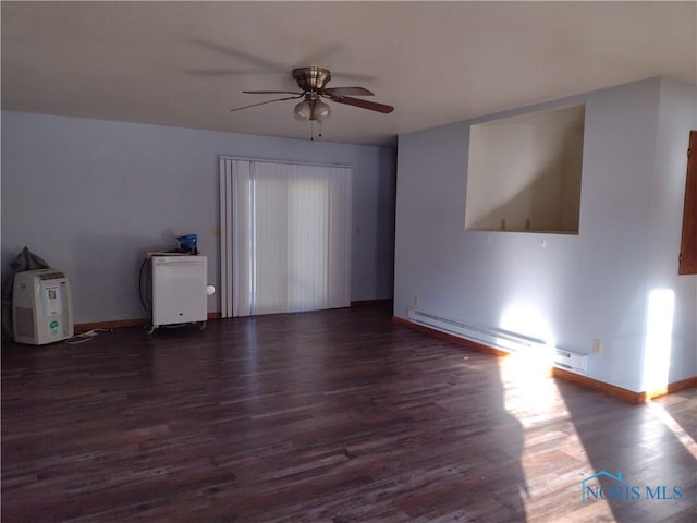 unfurnished living room with dark hardwood / wood-style floors, ceiling fan, and baseboard heating