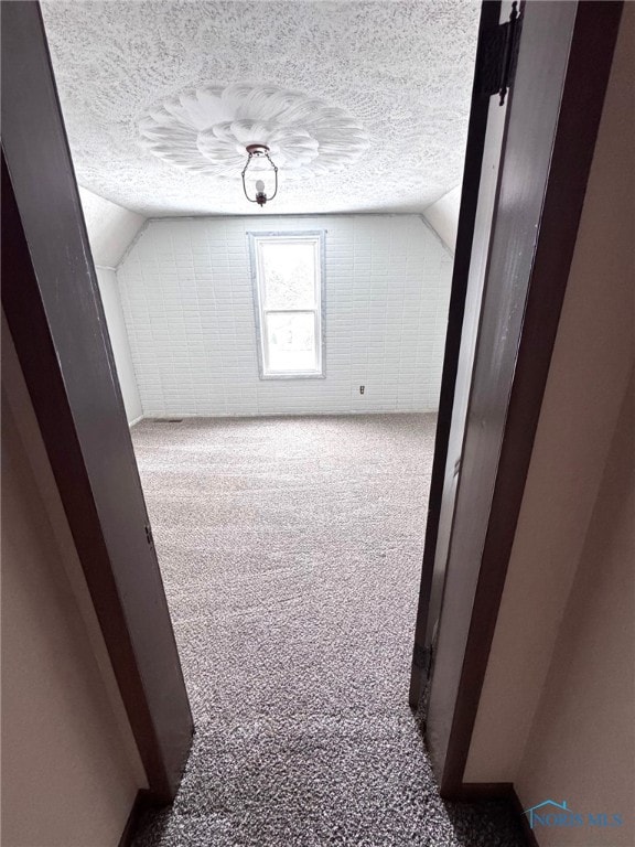 additional living space with light carpet, vaulted ceiling, and a textured ceiling