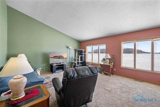 carpeted living room with lofted ceiling