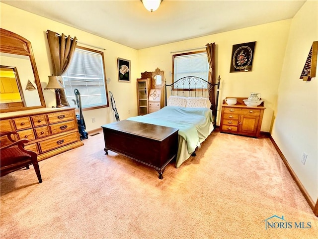 bedroom with multiple windows and light carpet