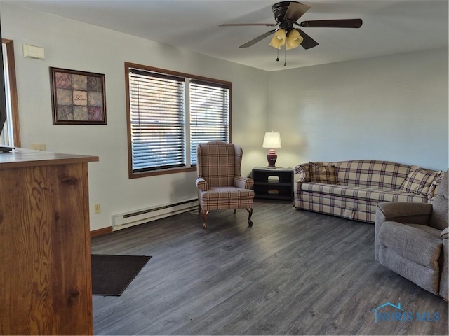 living room featuring dark wood-type flooring, ceiling fan, and baseboard heating