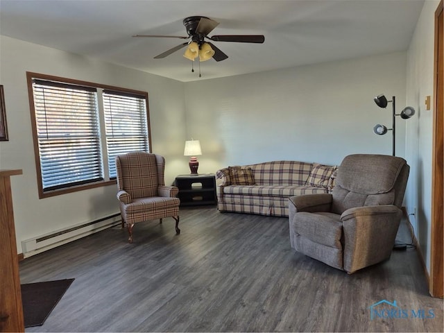 living room with ceiling fan, a baseboard radiator, and dark hardwood / wood-style flooring