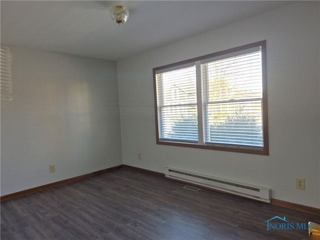 empty room featuring a baseboard heating unit and dark hardwood / wood-style floors