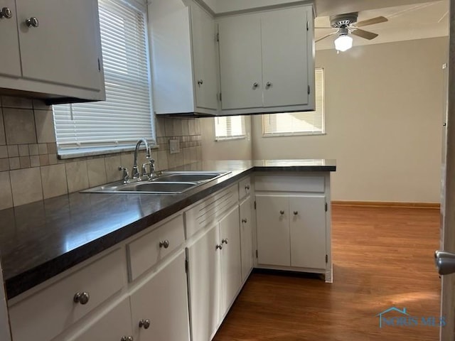 kitchen featuring tasteful backsplash, sink, and white cabinets